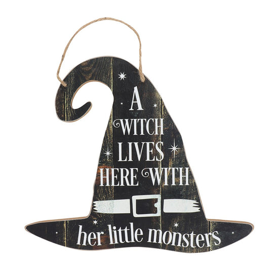 A WITCH LIVES HERE HANGING MDF SIGN